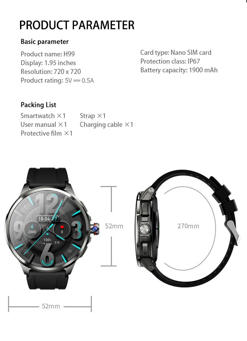Original H99 Smart Watch Android Watches Amoled Smartwatch With 190° Rotary Camera Google Play Store 1.95inch Amoled Screen