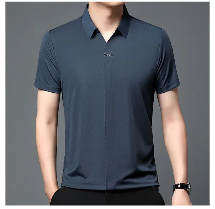 High End Mulberry Silk T-shirts Man Long Sleeve Tops Business Casual Elastic Non-iron Seamless Quality Luxurious Men Polo Shirts
