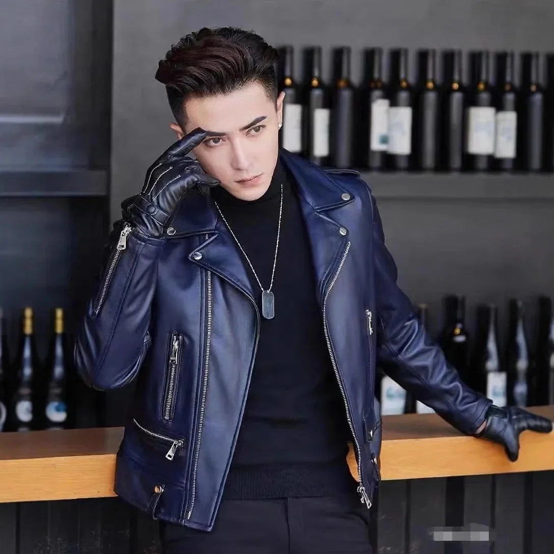 Men's Slim Fit PU Leather Jacket Fashionable Motorcycle Style Spring Autumn Korean Version Casual Outerwear Male Biker Coat