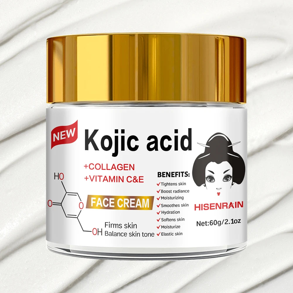 HISENRAIN Kojic Acid Cream - Brightening Glass Jar Face Moisturizer, Anti Dark Spots, Skin Whitening & Anti-Aging, for All Skin
