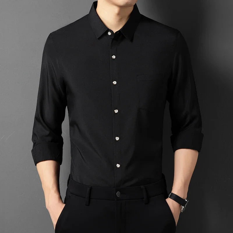 Men's New Casual and Fashionable Long Sleeved Shirt with Pockets Comfortable Wrinkle Resistant and Iron Free Collared Shirt