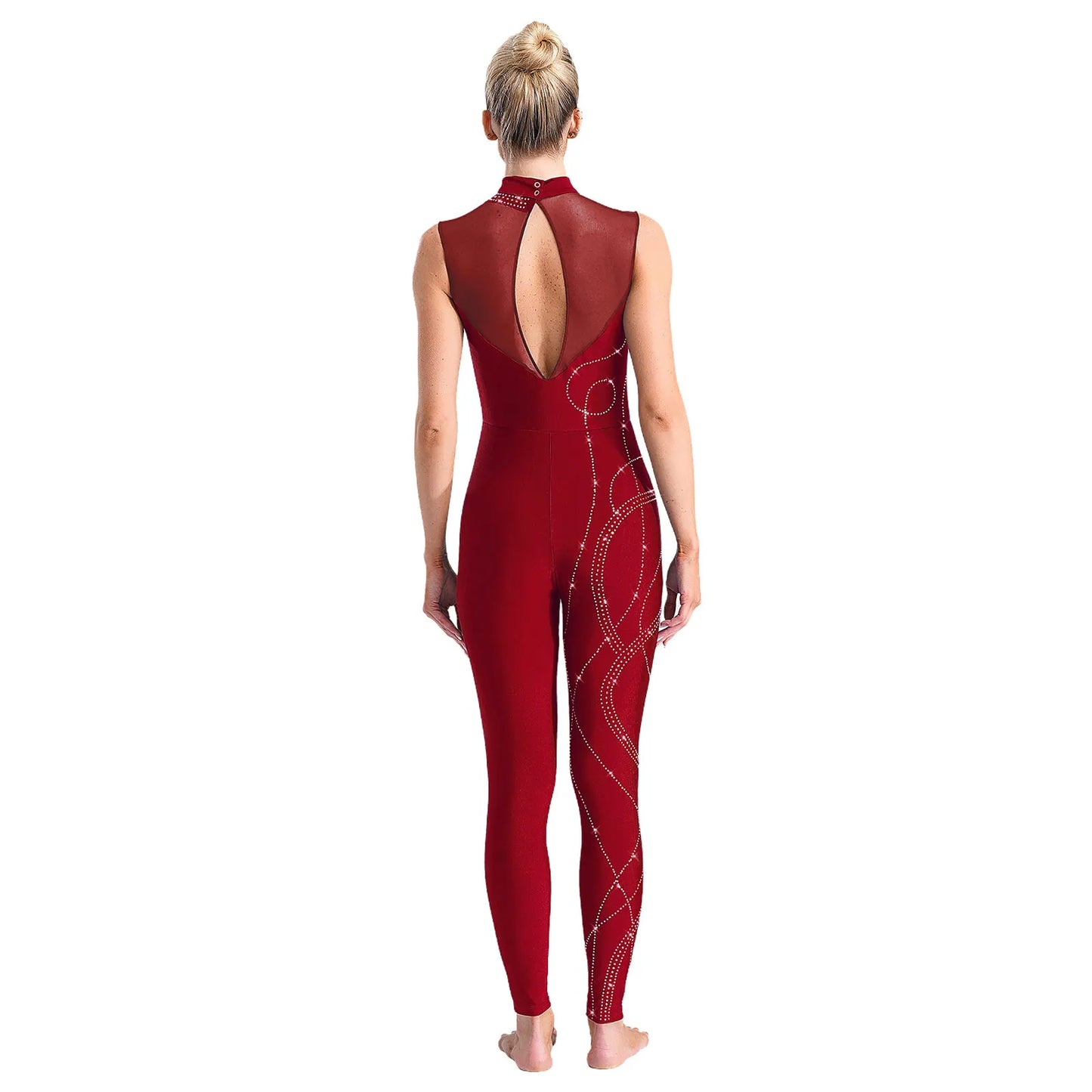 Womens Rhythmic Gymnastics Artistic Figure Skating Dance Costume Shiny Rhinestones Ballet Dance Unitards Jumpsuit Full Bodysuit
