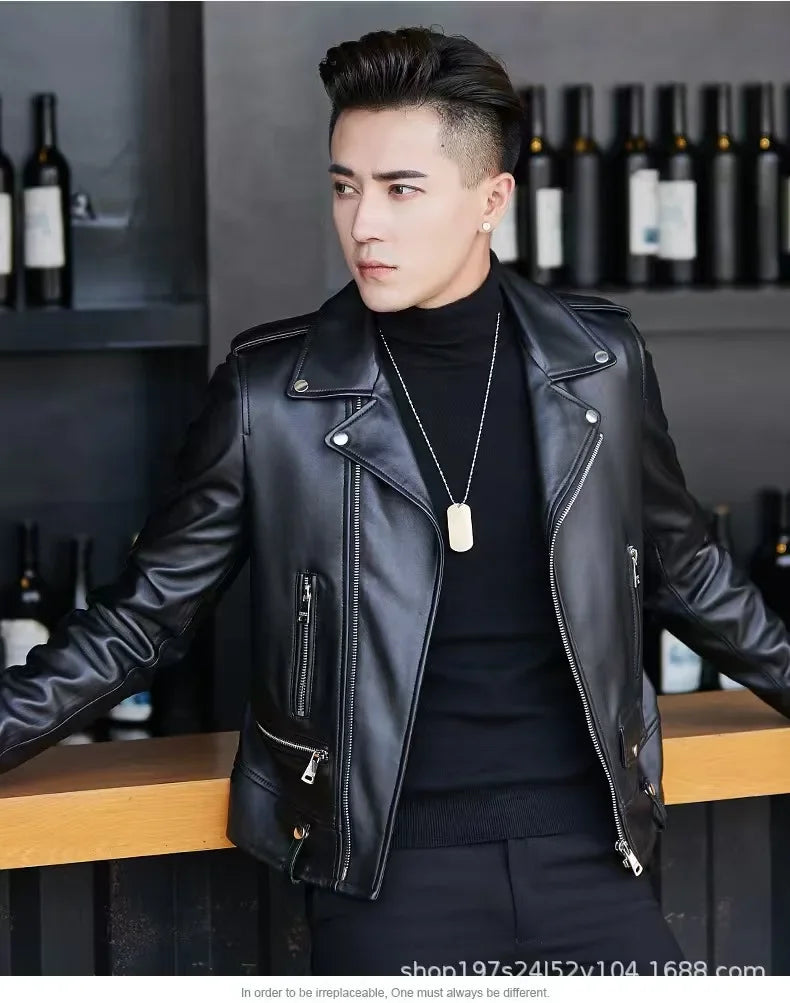 Men's Slim Fit PU Leather Jacket Fashionable Motorcycle Style Spring Autumn Korean Version Casual Outerwear Male Biker Coat