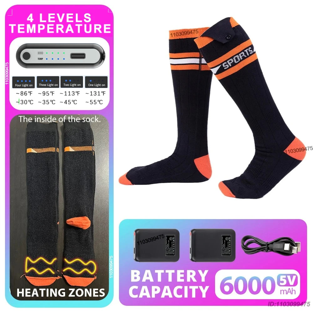 New Heated Socks Rechargeable 6000mah Electric Heated Skiing Socks Snowboarding Outdoor Sports Foot Warmer Winter Thermal Socks