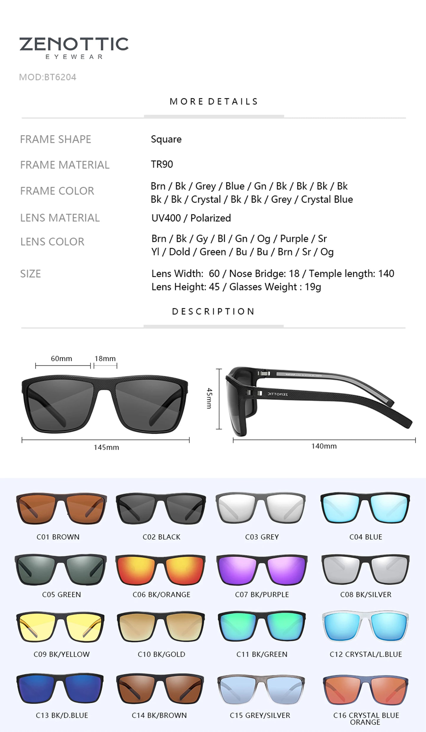 ZENOTTIC Retro Square Polarized Prescription Sunglasses Fashion Lightweight TR90 Progressive Optical Sun Glasses for Women Men
