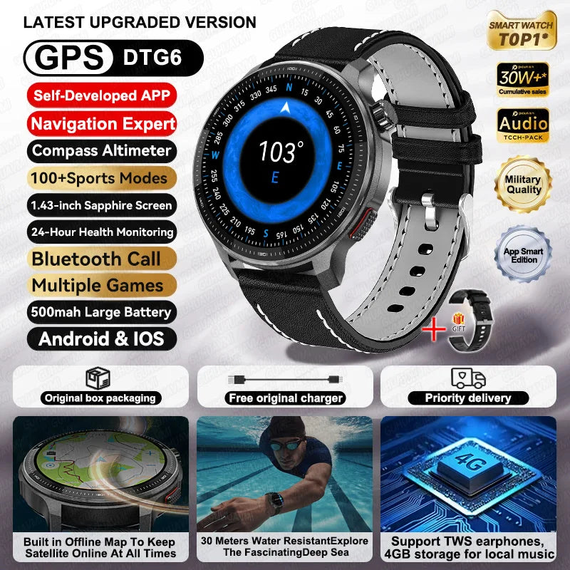 2026NEW GPS Offline Maps Sport Smart Watch Men 4GB Memory Music Video Player AMOLED 3D Menu Style Swim Waterproof Smart Bracelet