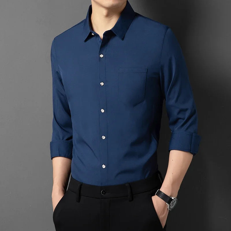 Men's New Casual and Fashionable Long Sleeved Shirt with Pockets Comfortable Wrinkle Resistant and Iron Free Collared Shirt