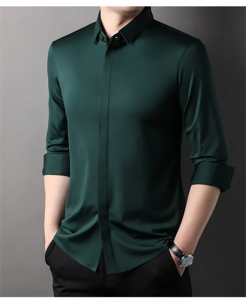 High end Mulberry Silk Dress Shirts Business Men Wrinkle Resistant Button Invisible Elastic Tops Luxurious Male Quality Clothing
