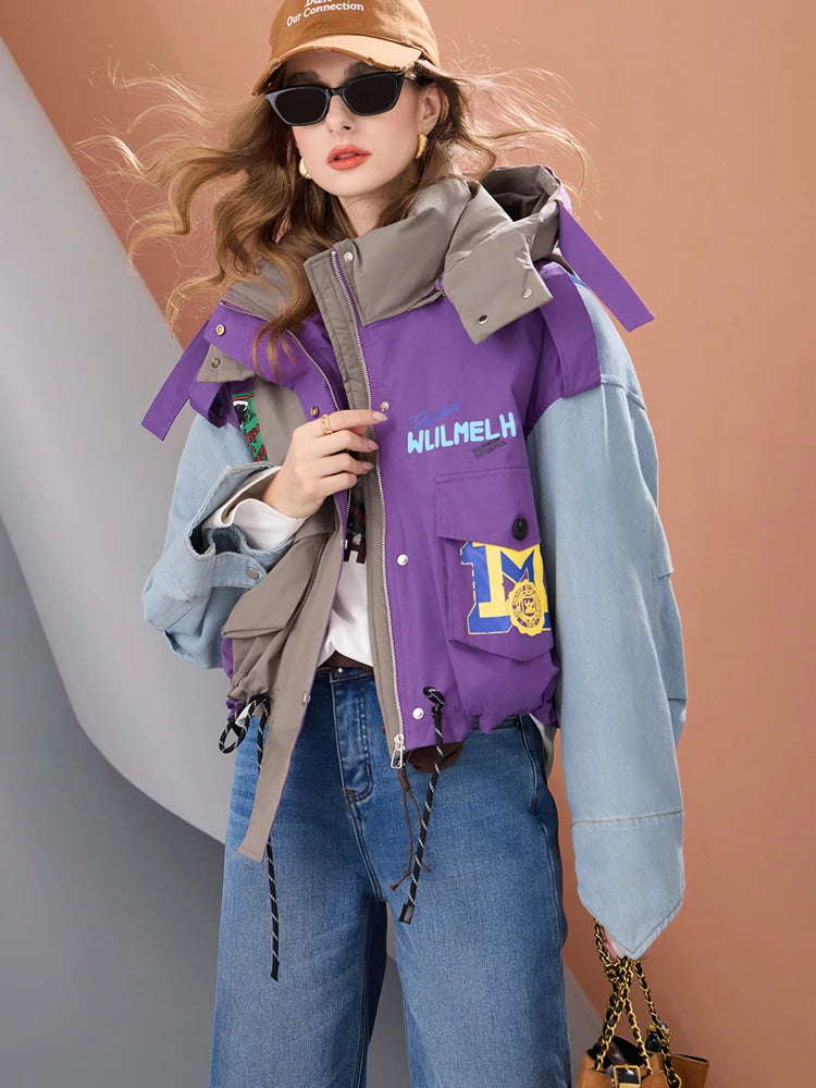 Women Short Puffer Jacket Hooded Thick Warm Winter Coat Color Block Denim Sleeve Streetwear Oversized Fashion Down Outerwear