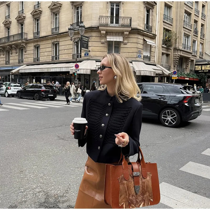 Unique Oblique Button Military Jacket Women Vintage Asymmetry Cropped Napoleon Jackets Lady New Fashion Street Spring Outwear