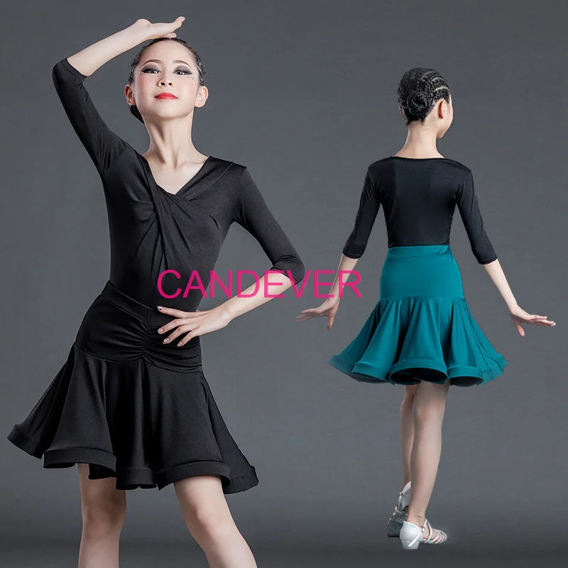 sexy Latin Dance Costume For Girls Ballroom Salsa Tango top Skirts Kids Child lace Leopard Latin Dance Split Dress Leotard Skirt