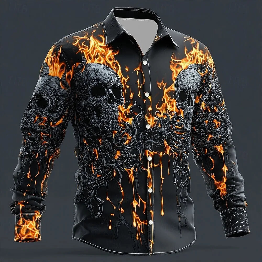 Halloween Pumpkin Head 3D Printed Men's Long Sleeve Shirt Fashion Button Skull Top New Men's Casual Flap-Collar Shirt