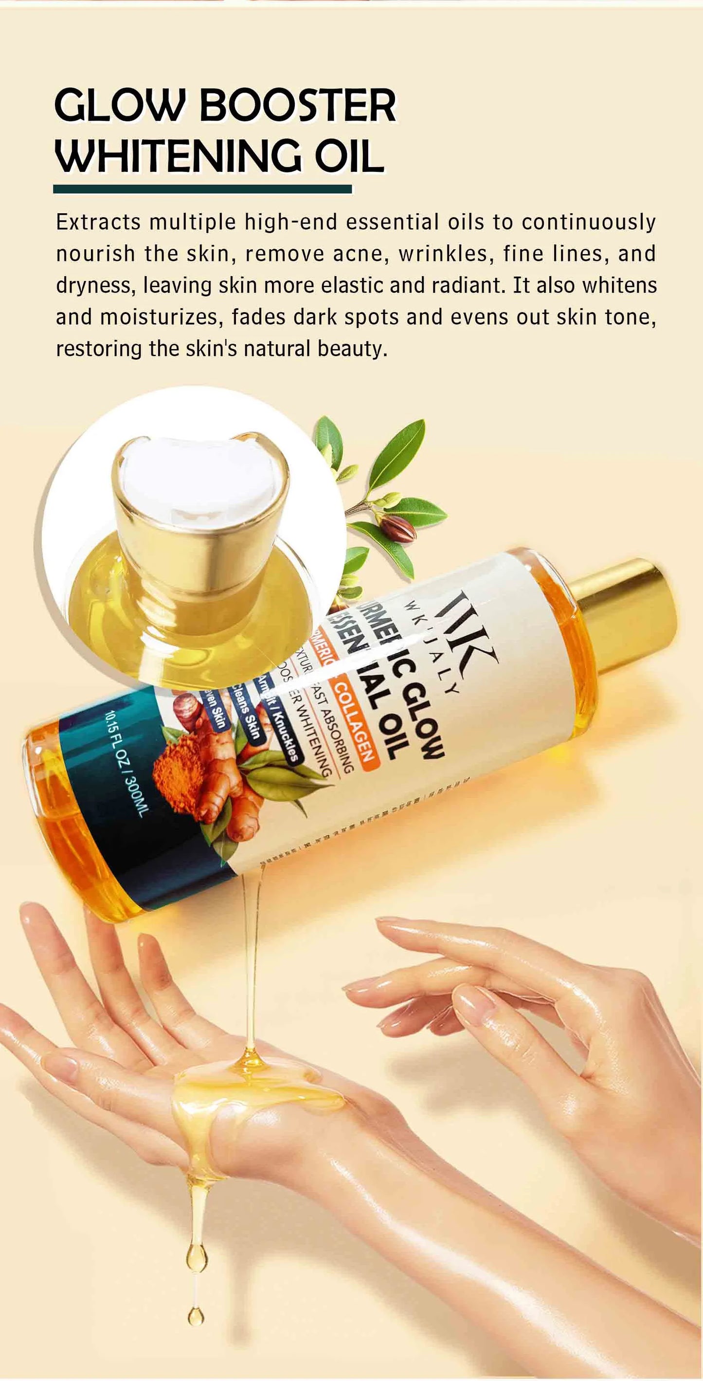 WK JALY Turmeric Whitening Essential Oil, With Collagen, Moisturizing, Brighten, Remove Acne, Dark Spots, for All Skin, 300ml