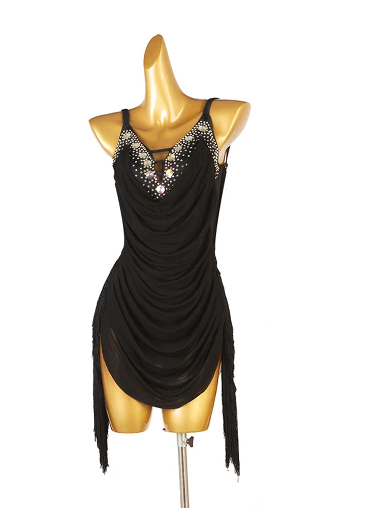 Women's Black Fringe Latin Dance Dress Ballroom Waltz Tango Samba Sling Backless Salsa Performance Competition Clothes