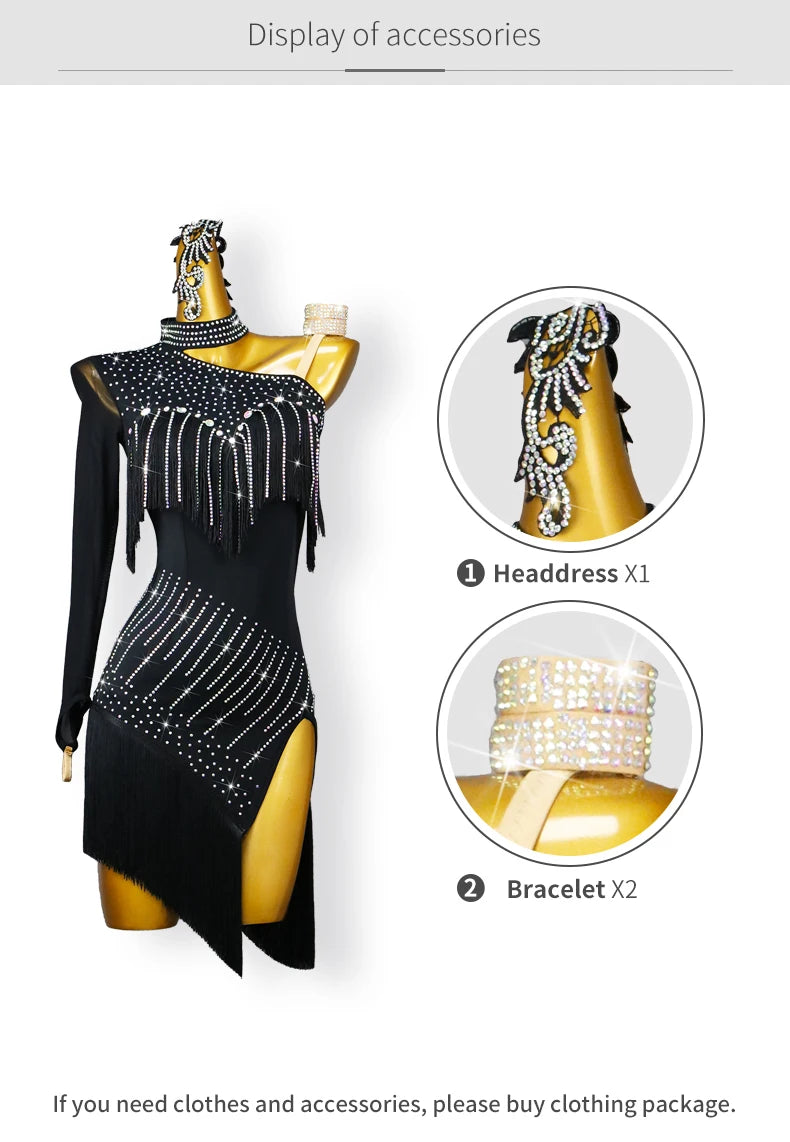New Black Latin Dance Fringe Dresses Sexy Adult Women Competition Costume Ballroom Skirt Salsa Samba Party Stage Wear Customized