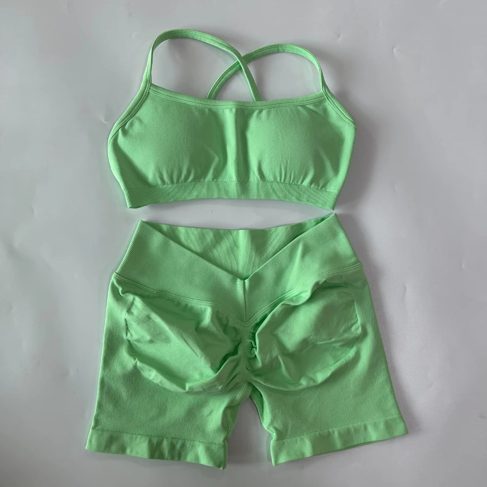 2 Pieces Set For Woman Clothes Seamless Scrunch Yoga Shorts Set Backless ktp Sports Bra Fitness Workout Top Gym Set Outfits