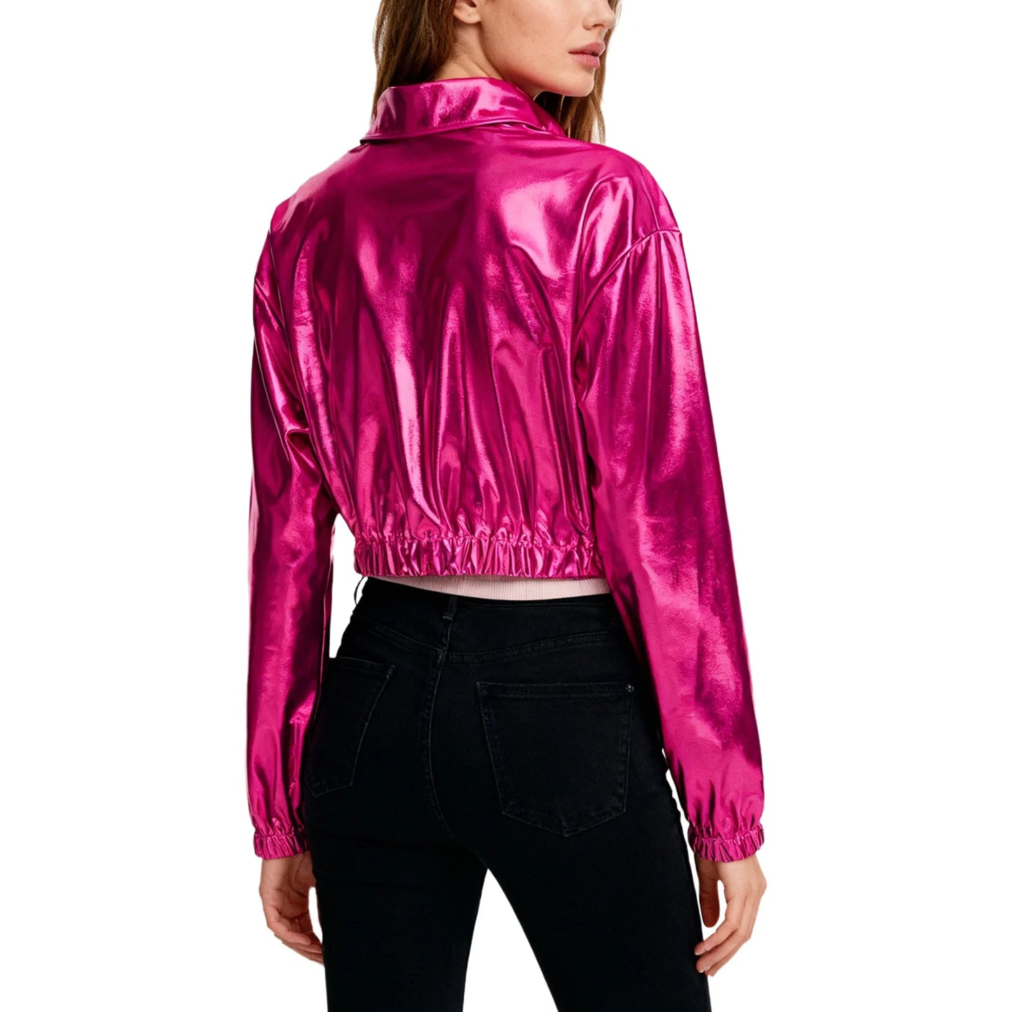 Womens Metallic Shiny Cropped Jacket Lapel Long Sleeve Front Zipper Chest Flap Pockets Crop Outerwear Biker Motor Jacket Tops