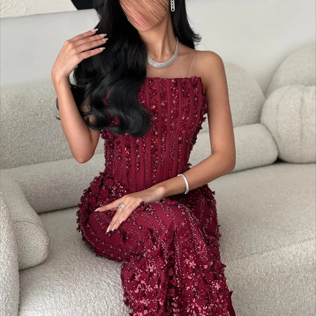 Bella Customized Burgundy Strapless Ruffled 3D Beaded Prom Dress Slim Fit High Slit Party Dresses Floor-Length Elegant 2025