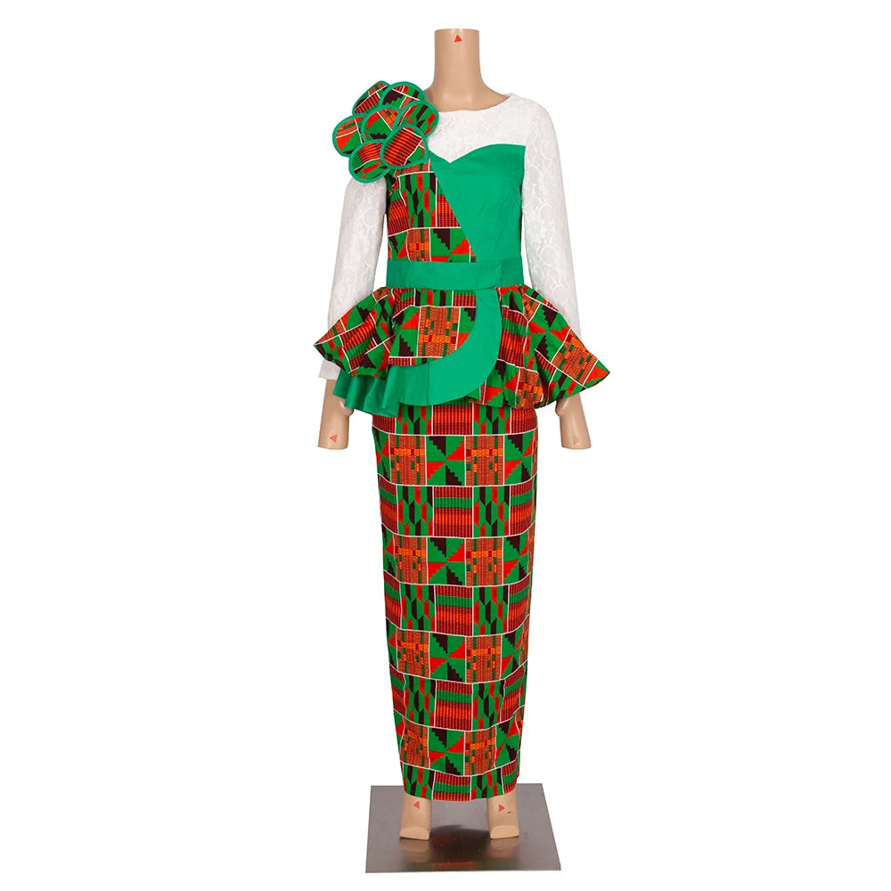 African Skirt Sets Women Suit Long Straight Skirts and Tops with Lace Decoration Bazin Riche Traditional African Clothing WY6195