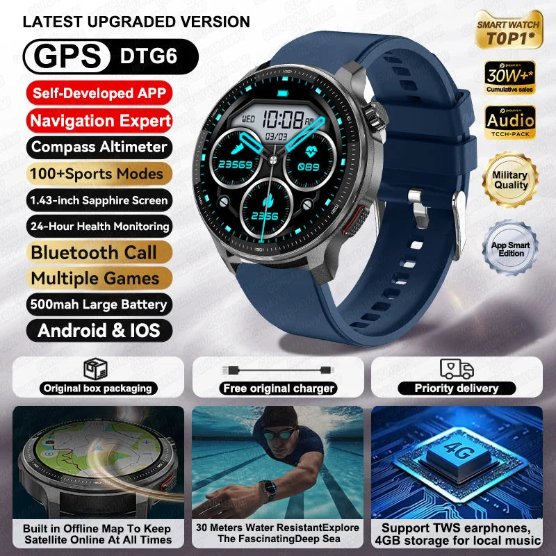 2026NEW GPS Offline Maps Sport Smart Watch Men 4GB Memory Music Video Player AMOLED 3D Menu Style Swim Waterproof Smart Bracelet