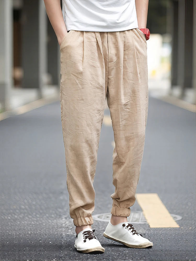 Cotton Linen Jogger Pants Men Spring Summer Chino Pants Wide leg Loose Lightweight Thin Sweatpants Male Beach Casual Trousers