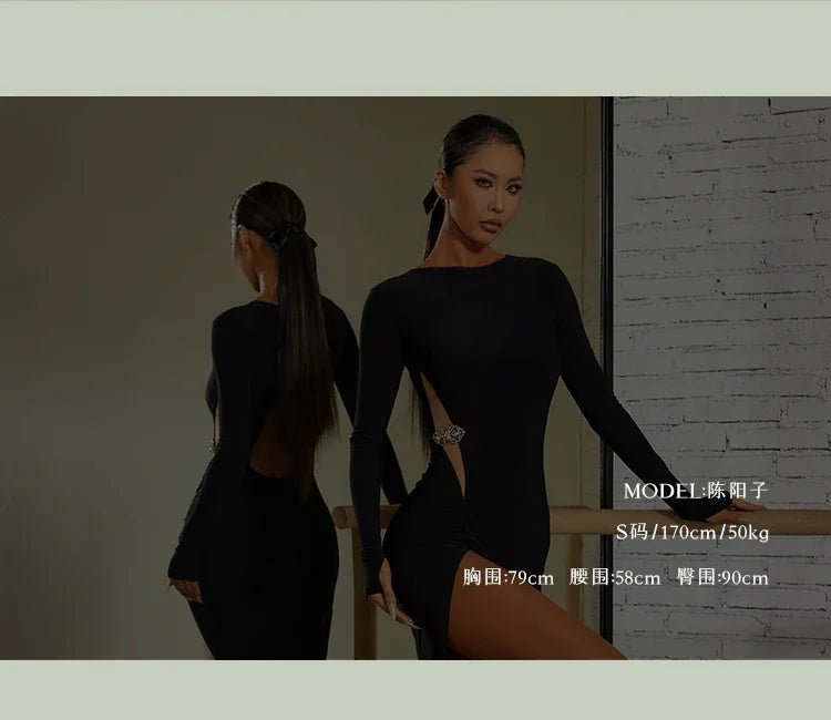 Women Black Long Sleeves Dress Adult Tango Dance Clothes Rumba Ballroom Dance Dress Practice Wear ZYM Latin Dance Dress