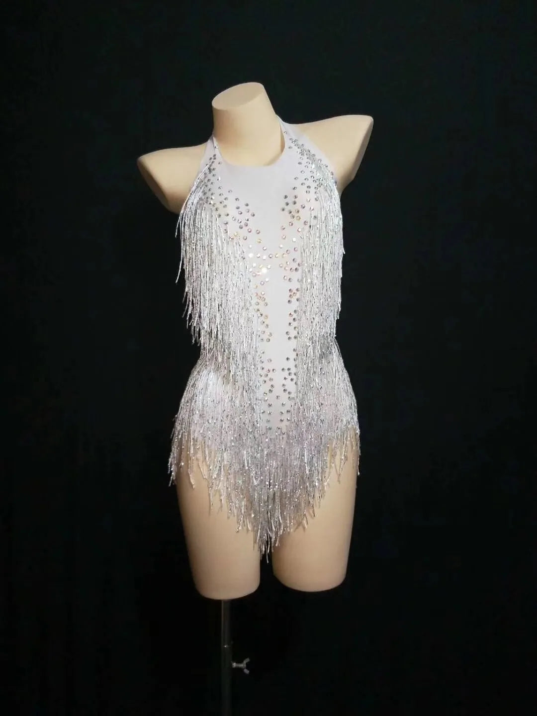 Bachelorette Bodycon Ballroom Gold Rhinestones Fringes Women Backless Sexy Stage Bodysuits Nightclub Performance Dance Costume