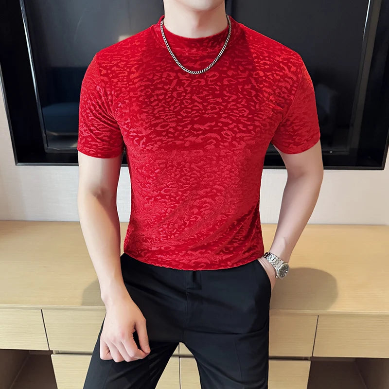 Men's T-Shirts Korean Fashion Gold Velvet Short Sleeve Mens Casual T Shirt Slim Fit Breathable Turtleneck Tee Shirt Homme 4XL-M