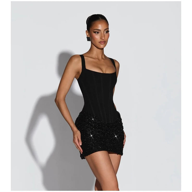 Sexy Sequin Patchwork Sling Mini Dress Women Chic Off-shoulder Backless Waist Cinching Slim Short Dresses Lady Club Party Gowns
