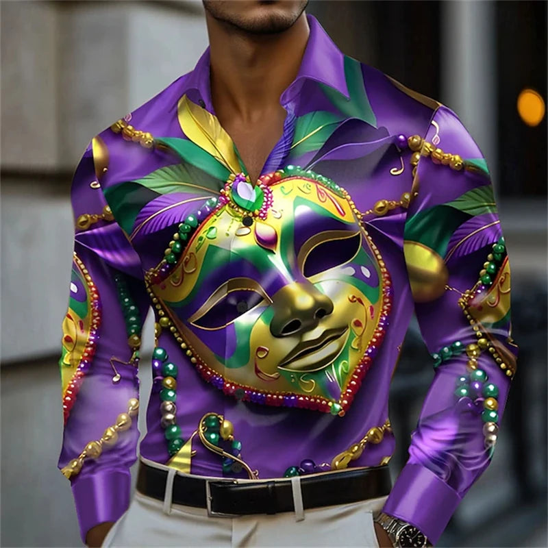 Men's Carnival Themed Feather Mask Print Long-Sleeve Shirt, Fashionable Street Style Party Casual Loose Fit Men's Top XS-6XL