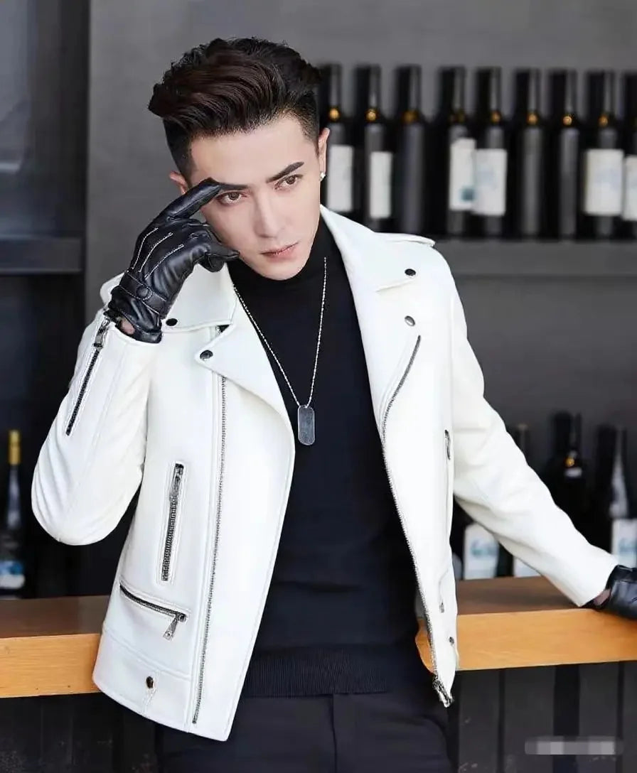 Men's Slim Fit PU Leather Jacket Fashionable Motorcycle Style Spring Autumn Korean Version Casual Outerwear Male Biker Coat