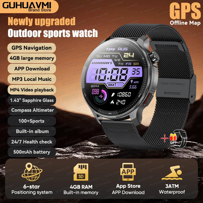 Newly T-Rex3 Ultra 4GB Memory GPS Sports Smart Watch Offline Map 1.43" AMOLED Display 3ATM Flash Charge Fitness Call Smartwatchs
