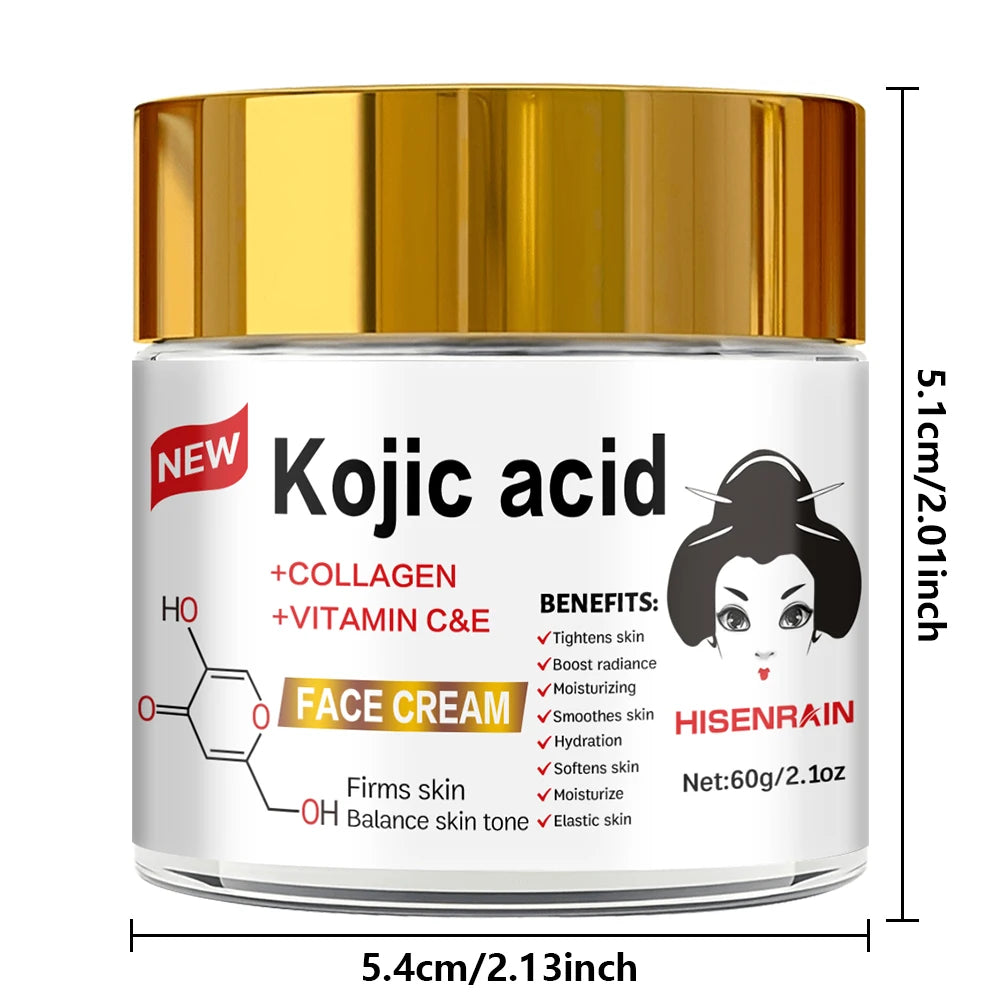 HISENRAIN Kojic Acid Cream - Brightening Glass Jar Face Moisturizer, Anti Dark Spots, Skin Whitening & Anti-Aging, for All Skin