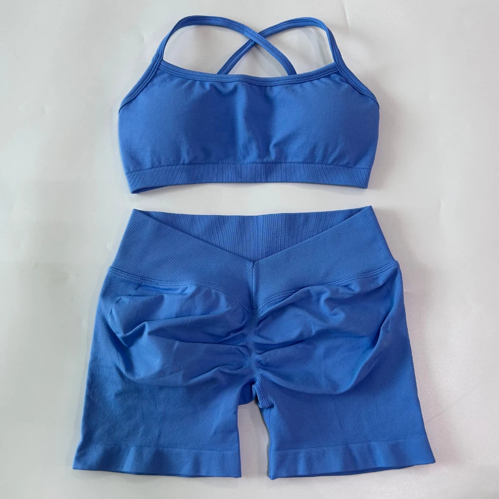 2 Pieces Set For Woman Clothes Seamless Scrunch Yoga Shorts Set Backless ktp Sports Bra Fitness Workout Top Gym Set Outfits