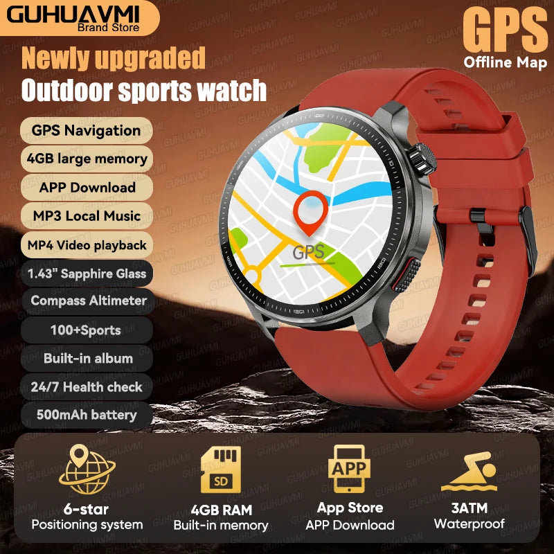 Newly T-Rex3 Ultra 4GB Memory GPS Sports Smart Watch Offline Map 1.43" AMOLED Display 3ATM Flash Charge Fitness Call Smartwatchs