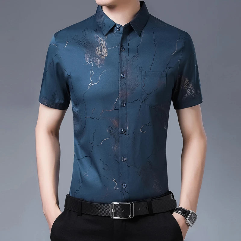 New Men's Casual Printed Short Sleeved Lapel Shirt for Summer Fashion Comfort No Ironing Wrinkle Resistant Top