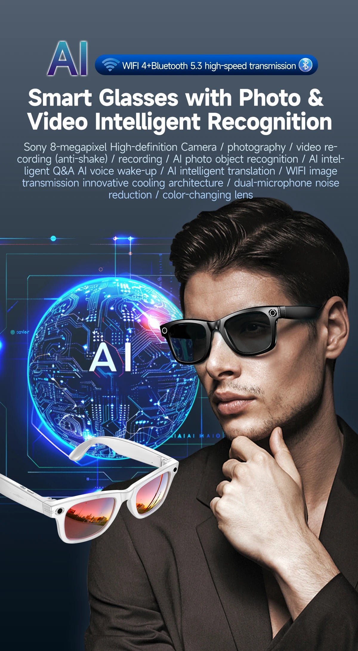 Tavyu Smart Glasses HD 8K Photochromic Lens Bluetooth Call WIFI Transmission Music Translate Video Recording Camera Glasses Men
