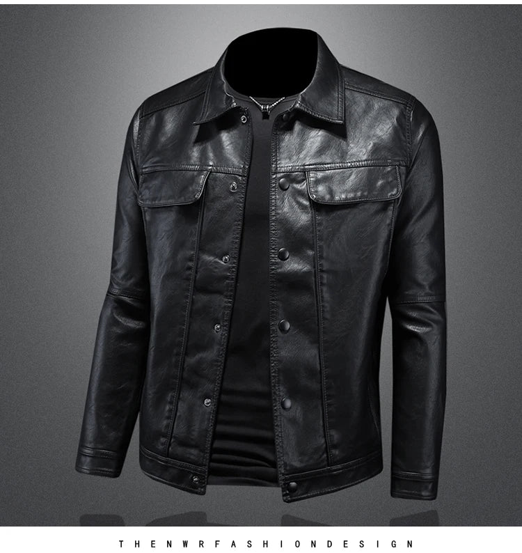 2024 Autumn and Winter New Men's Fashion Handsome with Solid Color Boutique Lapel Motorcycle Leather Coat Slim Fashion  M-5XL