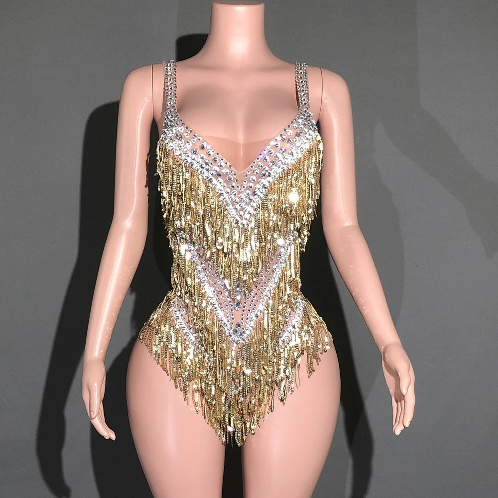 Sparkly Rhinestones Fringes Bodysuit Women Sexy See Through Party Outfit Performance Dance Costume Singer Dancer Show Stage Wear