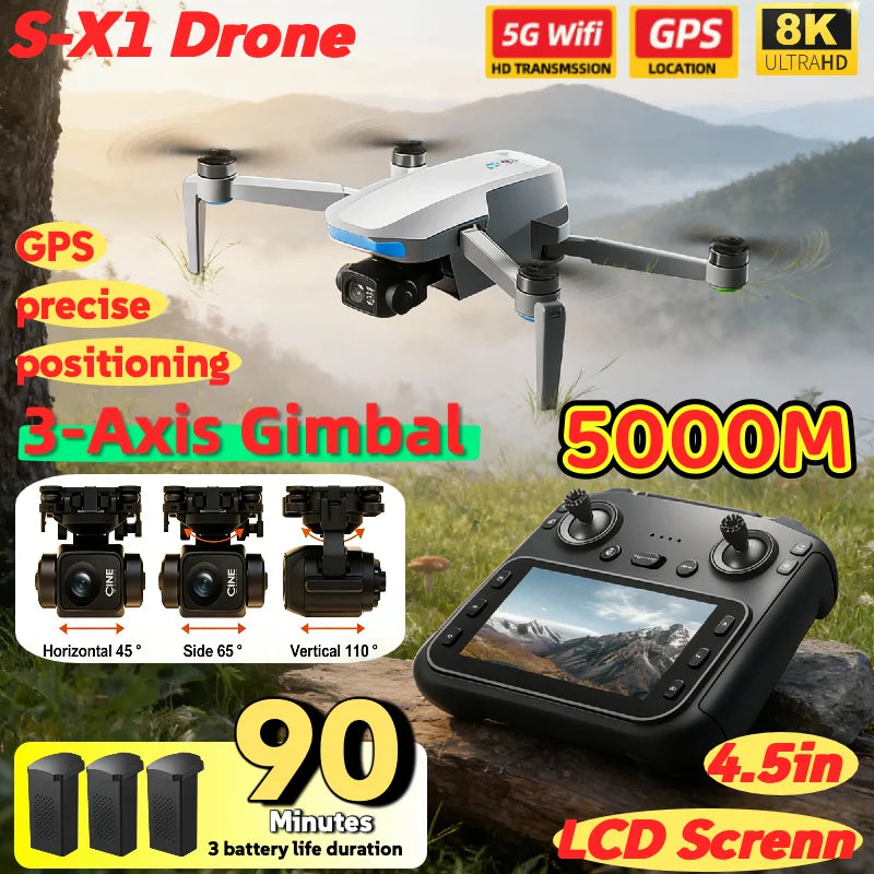 S-X1 MAX GPS Drone 4K Camera 3-Axis Gimbal EIS 5KM Digital Transmission Brushless Motor Quadcopter with 4.5" Screen Remote 231g