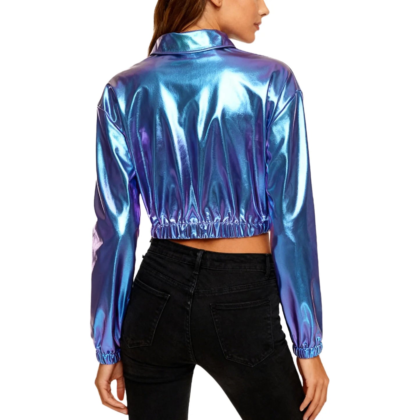 Womens Metallic Shiny Cropped Jacket Lapel Long Sleeve Front Zipper Chest Flap Pockets Crop Outerwear Biker Motor Jacket Tops