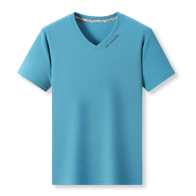 New Men's Casual and Fashionable V-neck Solid Color Short Sleeved T-shirt Breathable and Comfortable Summer Versatile Top