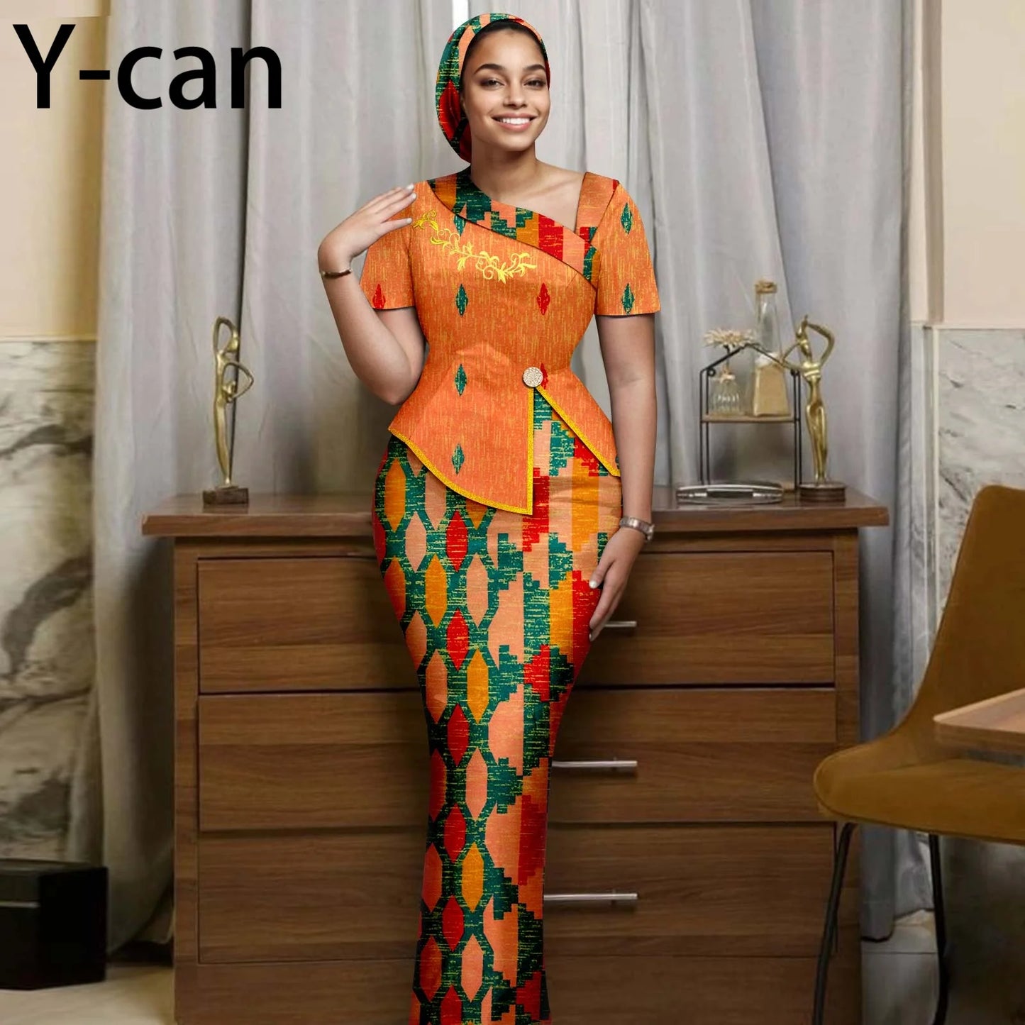 African Women Skirt Set Luxury Gown Short Sleeve Slit Top and Slim Skirt Vestidos with Headwrap Wedding Dress 2526056