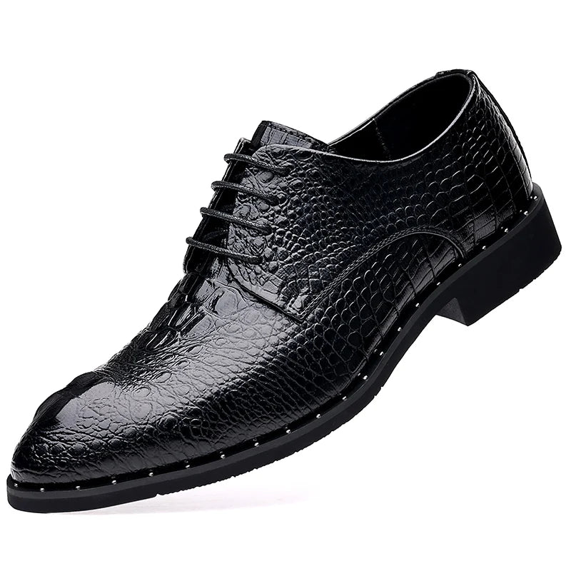 Men's Lace-Up Retro British-Style Casual Shoe Crocodile-Patterned Pointed Toe Formal Shoe Comfortable And Breathable Party Shoes