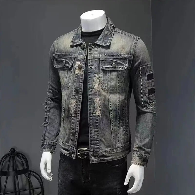 2025 Men's Autumn Winter Brand Casual Cotton Jacket with American Retro Motorcycle Embroidered Street Fashion Grey Jeans Coat