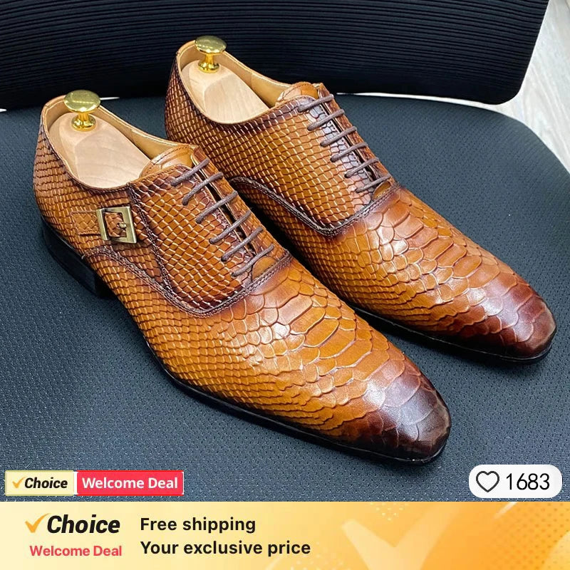 Mens Handmade Leather Dress Shoes Business Crocodile Pattern Oxford Formal Lace-Up Comfortable NonSlip Breathable Office Wedding