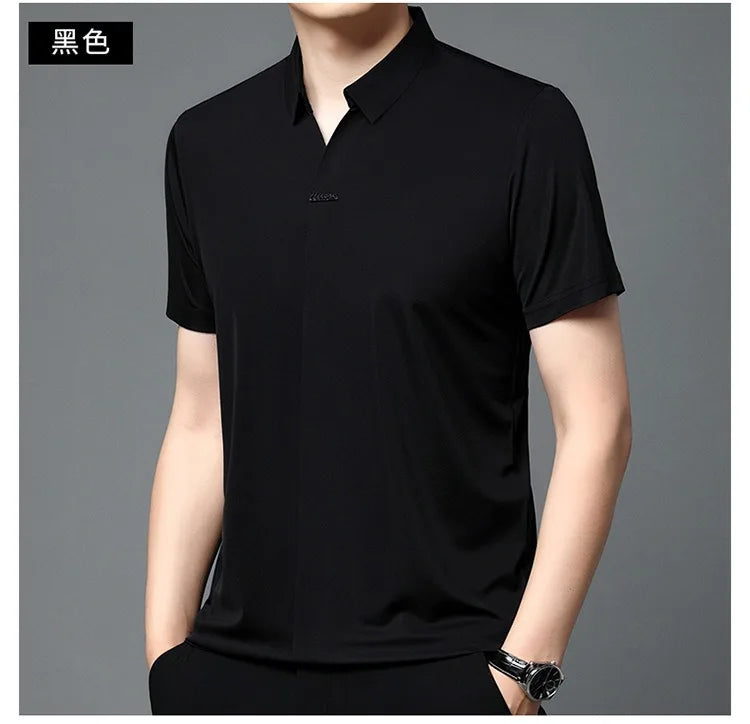 High End Mulberry Silk T-shirts Man Long Sleeve Tops Business Casual Elastic Non-iron Seamless Quality Luxurious Men Polo Shirts