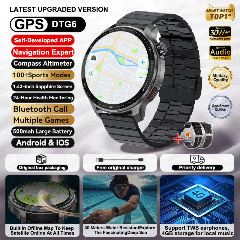 2026NEW GPS Offline Maps Sport Smart Watch Men 4GB Memory Music Video Player AMOLED 3D Menu Style Swim Waterproof Smart Bracelet