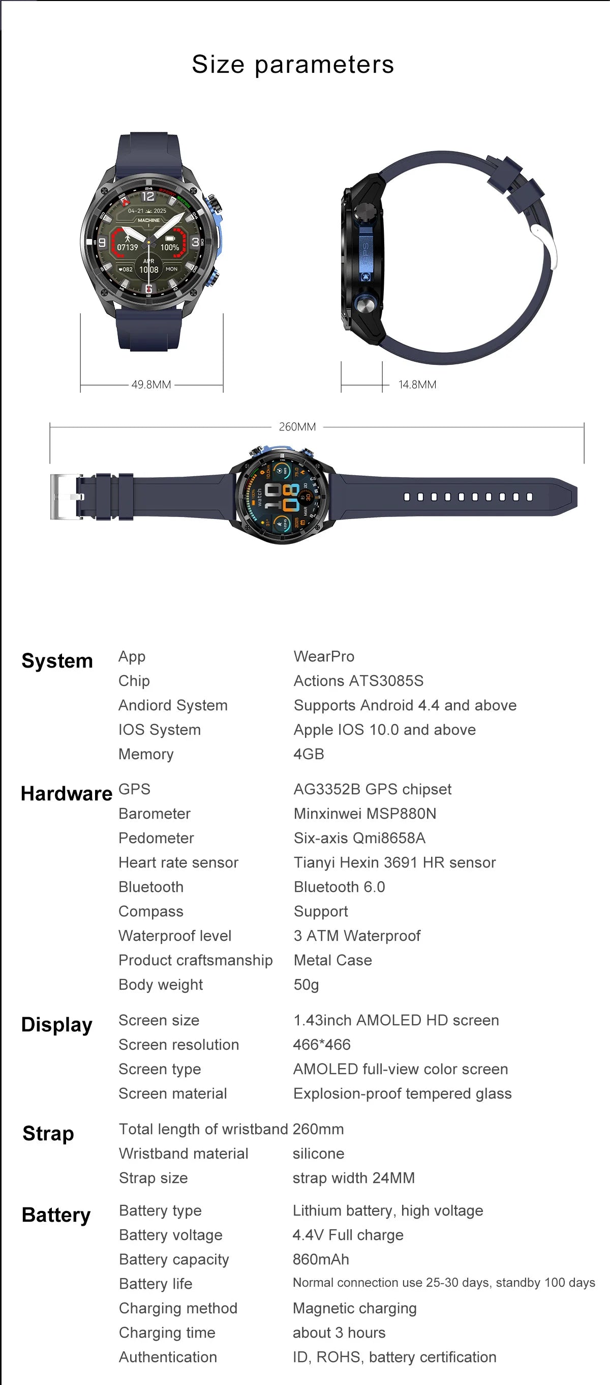 2025 Military Offline map 1000mAh Battery Smart Watch 4GB Big Memory GPS Navigation MP3/MP4 Player Swim Sports trackr Smartwatch