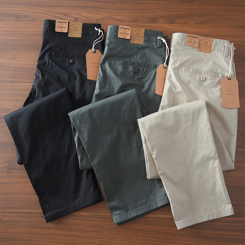 2025 Summer New American Retro Thin Micro Elasticity Casual Pants Men's Simple 97% Cotton Slim CHINO Business Straight Trousers